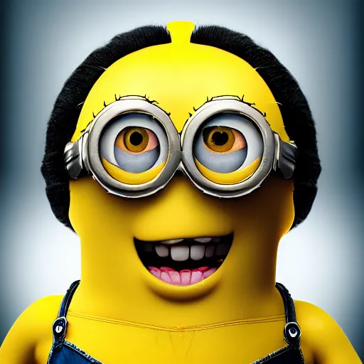 Image similar to portrait of realistic minion human hybrid, photoreal yellow human with minion face, realistic, hyper detailed, leica, 2 4 mm lens