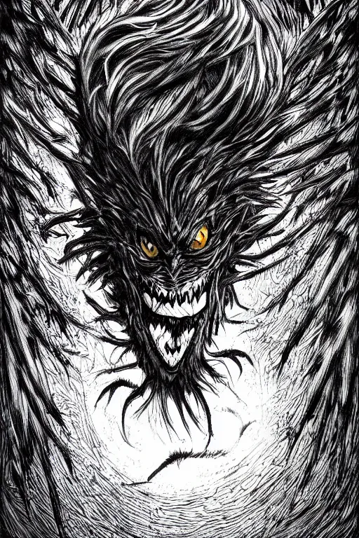 Image similar to crow monster, fangs, highly detailed, digital art, sharp focus, trending on art station, kentaro miura manga art style