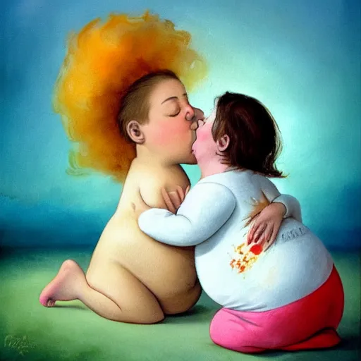 Image similar to a hype realistic oil painting of the most cute little fat girl kissing a huge colorful cute fish. hype realistic scene. old photography style. studio lighting. window. 3 d, octane render, deep focus, fashion style, white scene. very funny and sweet art. unreal engine. watercolor. fellini style. poster quality. da vinci painting style. illustration.