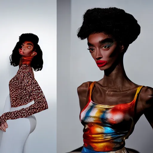 Image similar to realistic photoshooting for a new balenciaga lookbook, vhs colour photography, portrait of model Winnie Harlow woman, in style of Tyler Mitchell, 35mm,