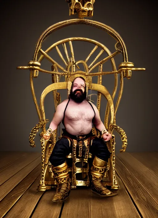 Prompt: dwarf fighter sitting in mechanical spider chair, gold, exquisite details, black beard, white background, by studio muti