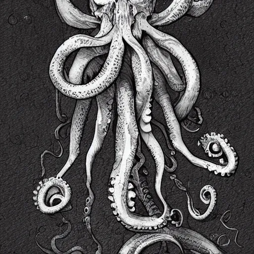 Image similar to a skeleton filled with octopuses, fantasy illustration