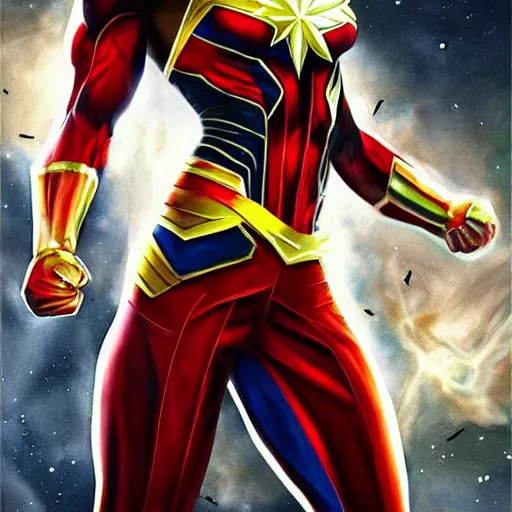 Prompt: body builder captain marvel, artstation hall of fame gallery, editors choice, #1 digital painting of all time, most beautiful image ever created, emotionally evocative, greatest art ever made, lifetime achievement magnum opus masterpiece, the most amazing breathtaking image with the deepest message ever painted, a thing of beauty beyond imagination or words