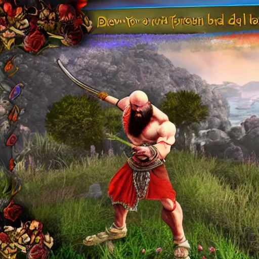 Image similar to kratos in flowers hill, screenshot