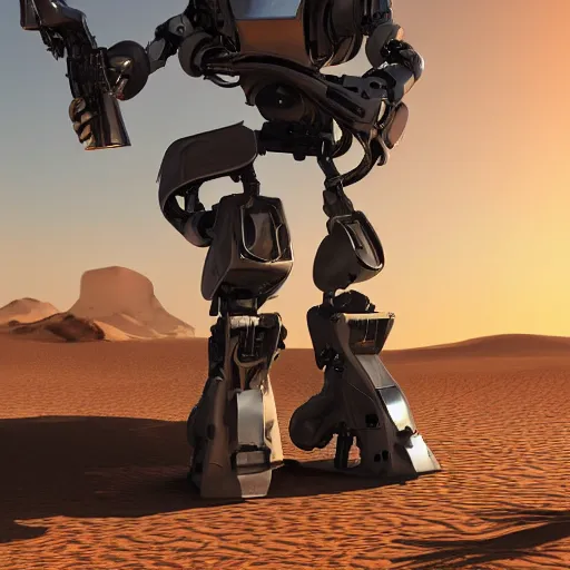 Prompt: close up of a Photorealistic robot with a gun in the desert.