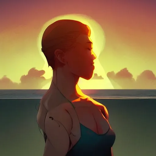 Prompt: a man watching the beautiful sunset by the beach in the style of artgerm, charlie bowater, atey ghailan and mike mignola, vibrant colors and hard shadows and strong rim light, plain background, comic cover art, trending on artstation