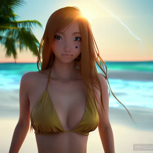 Prompt: Render of a very beautiful 3d anime girl, long hair, hazel eyes, cute freckles, full round face, oiled, short smile, cute bikini, golden hour, serene beach setting, cinematic lightning, medium shot, mid-shot, highly detailed, trending on Artstation, Unreal Engine 4k