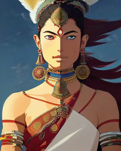 Prompt: indian warrior, doutzen kroes, detailed perfect face, exquisite details, septum piercing!!!!, wind magic, mid view, design on a white background, by studio muti, greg rutkowski makoto shinkai takashi takeuchi studio ghibli