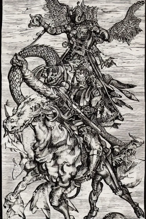 Prompt: A woodcut of an armored archangel who looks like henry cavill riding a dragon, glorious, by albrecht durer, HD, 4k, 8k, incredibly detailed, intricate, masterpiece,