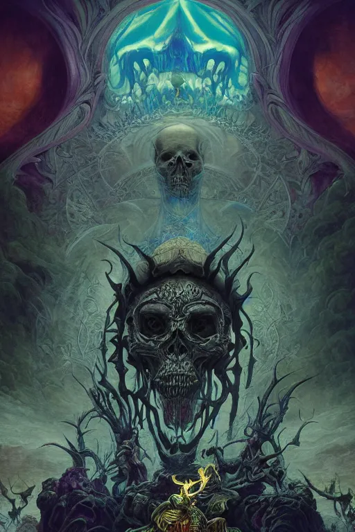Prompt: evil gigantic demonic skull lord of death, psychedelic fantasy painting, ultra realistic, wide angle, art nouveau, intricate details, rainbowshift, vivid colors, highly detailed by peter mohrbacher, h. r. giger, maxfield parrish, gaston bussiere, gustave dore, craig mullins, octane render, cgi