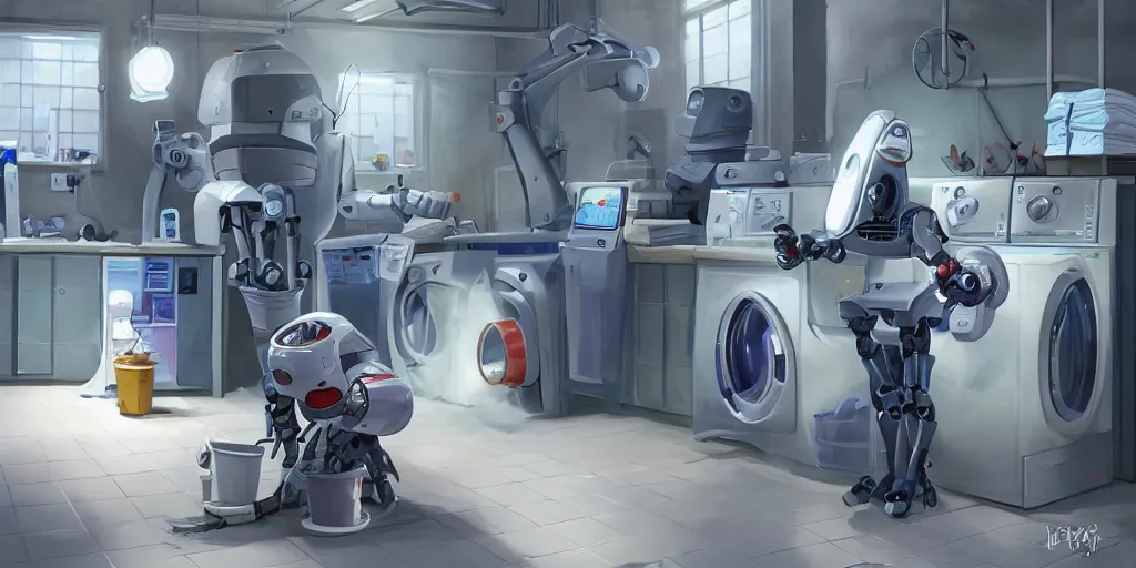 Image similar to detailed painting of a robot doing laundry, artstation