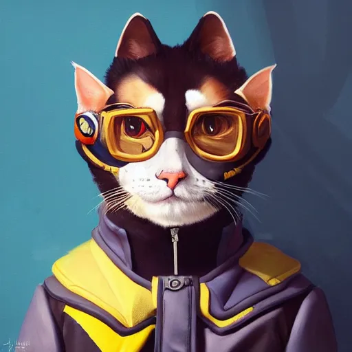 Prompt: Portrait painting an anthropomorphic cat wearing a jacket and a collar, as an Overwatch character, medium shot, asymmetrical, profile picture, Organic Painting, sunny day, Matte Painting, bold shapes, hard edges, street art, trending on artstation, by Huang Guangjian and Gil Elvgren and Sachin Teng