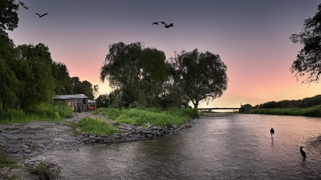 Prompt: small grey wooden cottage by the river, a tree with vines wrapped around it, two crows singing on the tree, tranquility, arch bridge over the river, the bridge path to remote, chill wind, an old man riding a skinny horse on the road, sunset