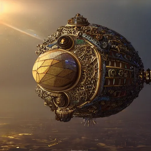 Prompt: enormous flying city in a faberge egg, sky, steampunk, fantasy art, masterpiece, unreal engine, intricate, intricate, intricate