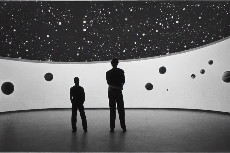 Image similar to a young man stands in the planetarium, planets and stars at background, low low exposure, decisive moment, anri cartier bresson