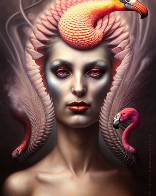 Image similar to a detailed portrait of dreampunk goddess ( flamingo ) ( python ) hybrid mix beautiful! ( ( smoke ) ) by tomasz alen kopera and peter mohrbacher