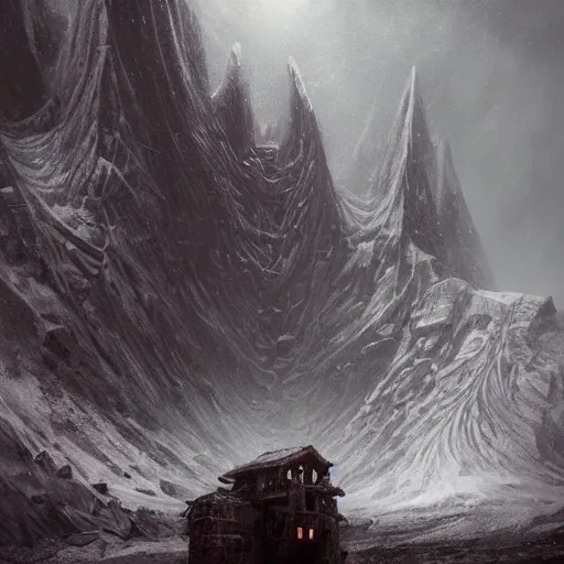 Image similar to strange ruins, at the mountains of madness, antarctic mountains, painted by seb mckinnon, high detail, dramatic light, antarctic mountains, digital art, painted by greg rutkowski, promotional movie posterart, trending on artstation