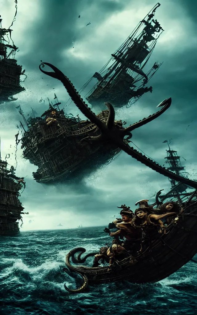 Prompt: pirates fighting kraken, cinematic atmosphere, maximized, high detail, 8k, ornate, dark fantasy, masterpiece, complex, film still from the movie directed by Denis Villeneuve