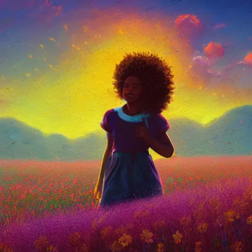 Prompt: girl with one flower afro, in a field with flowers, hills, big trees, sunrise dramatic light, impressionist painting, colorful clouds, digital painting, pointillism, artstation, simon stalenhag