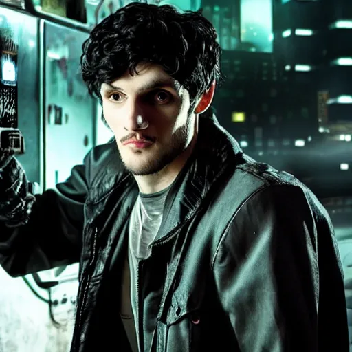 Image similar to Colin Morgan as Cyberpunk Merlin