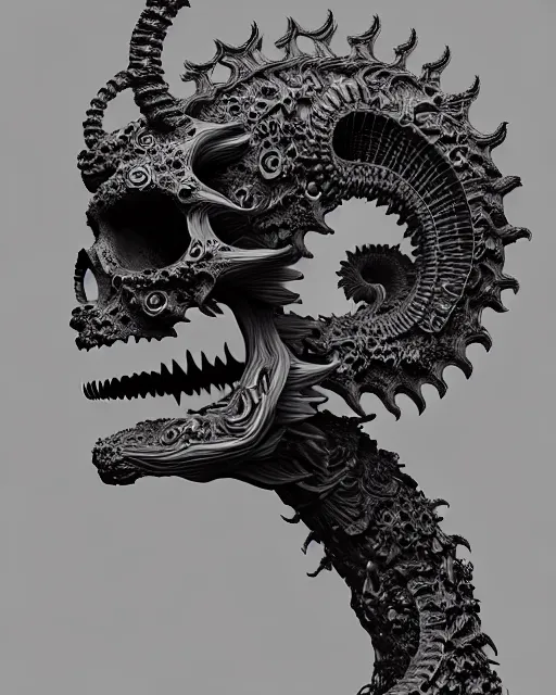 Image similar to 3 d ornate carved dark junji ito with profile portrait, sigma 5 0 0 mm f / 5. beautiful intricate highly detailed quetzalcoatl skull. bioluminescent, plasma, lava, ice, water, wind, creature, thunderstorm! artwork by tooth wu and wlop and beeple and greg rutkowski, 8 k trending on artstation