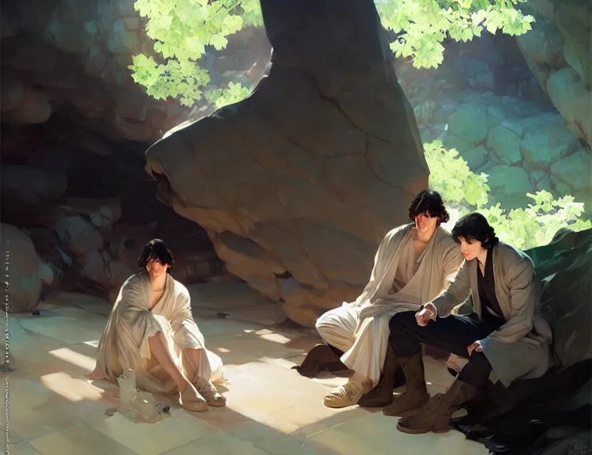 Prompt: ben solo and rei sitting together in a large dark cave, tired, painted by krenz cushart, mucha, ghibli, by joaquin sorolla rhads leyendecker, by ohara koson