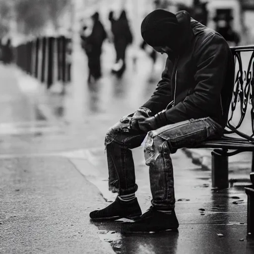 Image similar to black and white fashion photograph, highly detailed portrait of a depressed white drug dealer sitting on a bench on a busy Paris street, looking into camera, eye contact, natural light, rain, mist, lomo, fashion photography, film grain, motion blur, soft vignette, sigma 85mm f/1.4 1/10 sec shutter