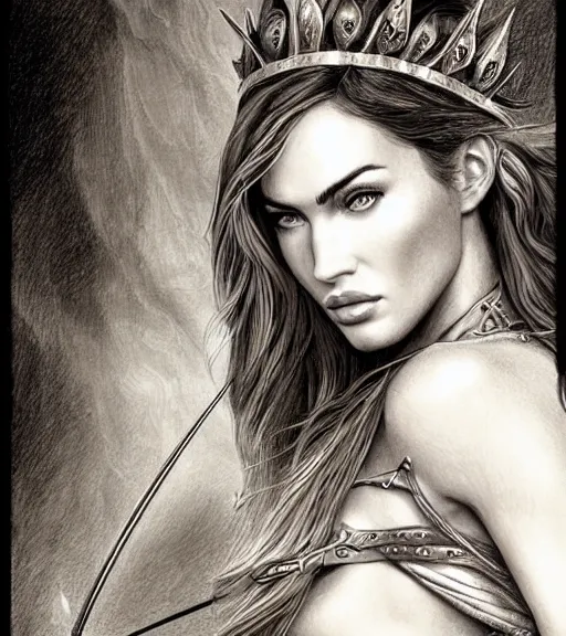 Prompt: portrait of megan fox as beautiful aphrodite goddess as an archer, arrow crown, beautiful piercing eyes, flowing blonde hair, realistic face, black and white drawing, in the style of greg rutkowski, fantasy, amazing detail, epic, intricate, elegant, smooth, sharp focus