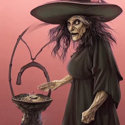 Prompt: An old wrinkled witch dressed in black stirring her cauldron. high detail, digital art, fantasy, RPG, concept art, illustration