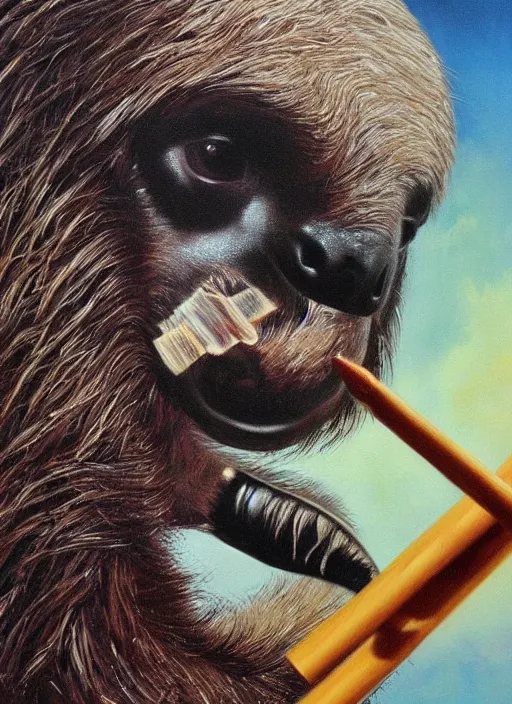 Prompt: ultra realistic portrait painting of a sloth smoking a joint, vaguely resembling snoop dogg, art by frank frazetta, 4 k, ultra realistic, highly detailed, epic lighting