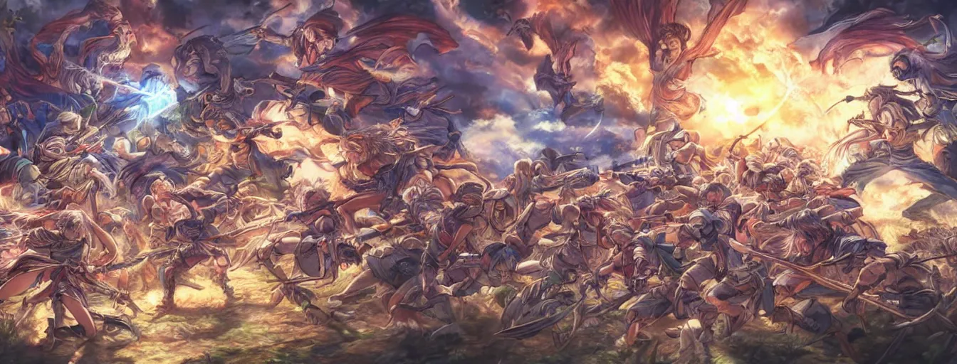 Image similar to spirit souls fighting on a battlefield to the death beams. hyperrealistic anime background illustration by kim jung gi, colorful, extremely detailed intricate linework, smooth, super sharp focus, bright colors, high contrast, matte, octopath traveler, unreal engine 5 highly rendered, global illumination, radiant light