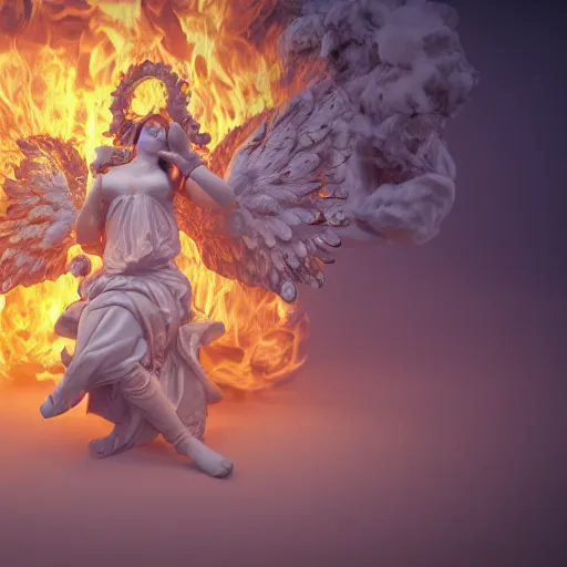 Image similar to fully body image of baroque style ornate warrio angel standing in bed of roses surounded by fire and smoke, moody rim light, dynamic lighting, cinematic shot, ultra detail, renderman, physically based render