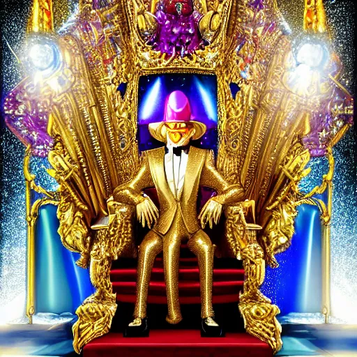 Image similar to shining giant throne made of millions of diamonds, gold and sapphires with thousands of light reflections, and a clown on a tuxedo suit is sitting on the throne while handing an earth model, dramatic light, digital painting, ultradetailed, artstation, oil painting