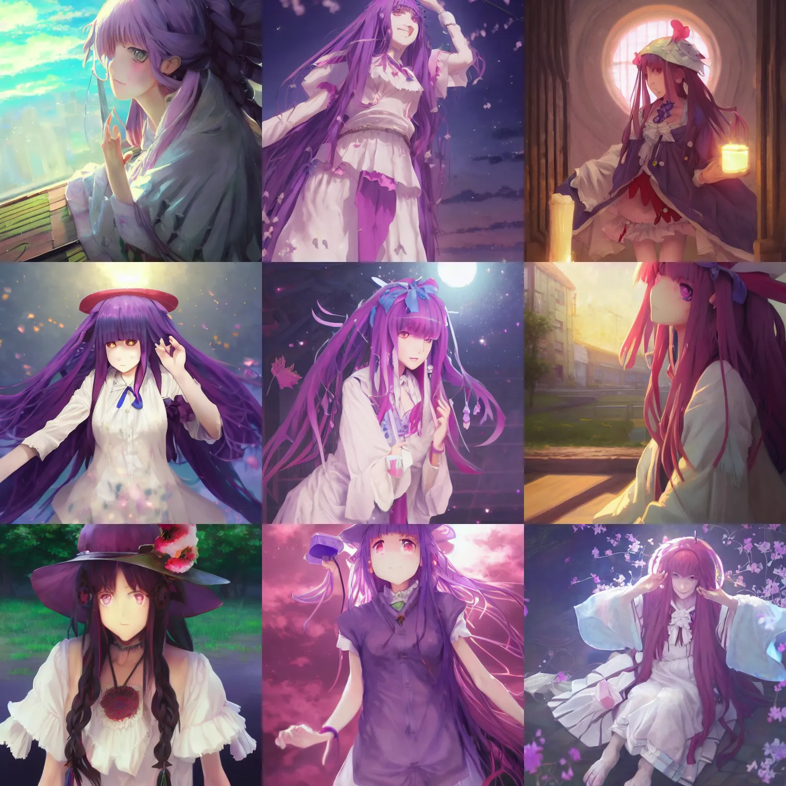 Prompt: pixiv artwork of patchouli knowledge from touhou project, patchouli knowledge touhou book lamp library artwork by greg rutkowski makoto shinkai key art kyoto animation 4 k 8 k ultrahd trending finely detailed