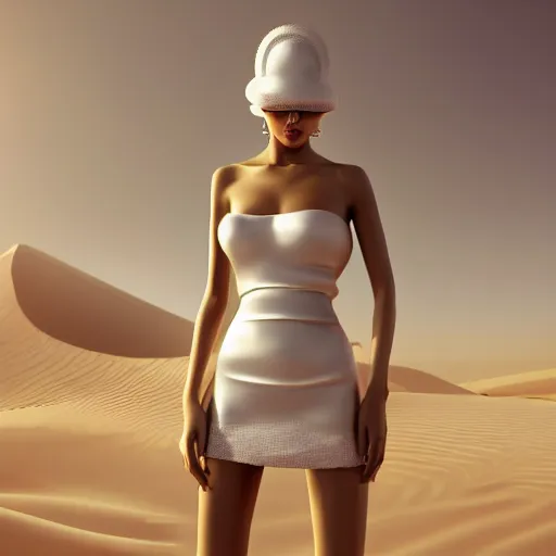 Image similar to innovative avant-garde art, deco fashion, japanese women, white theme, highly detailed, photorealistic portrait, serene desert setting, golden hour, crisp quality and light reflections, unreal engine 5 quality render