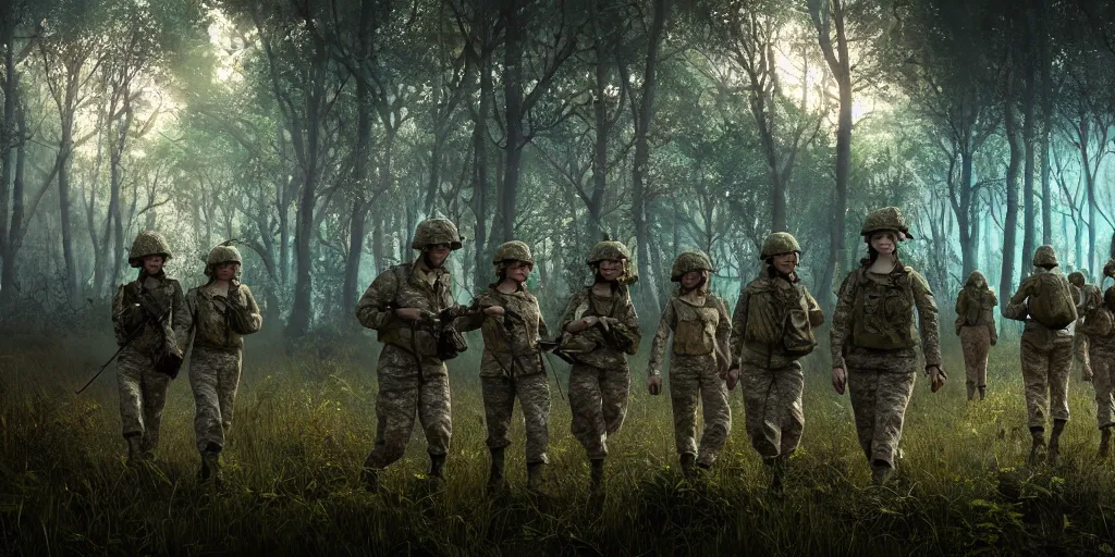 Image similar to group of female soldiers, searching through iridescent woods, makeshift camp, aerial photography, eerie, beautiful, stunning, intricate detail, cinematic, unreal engine, concept art, photorealism