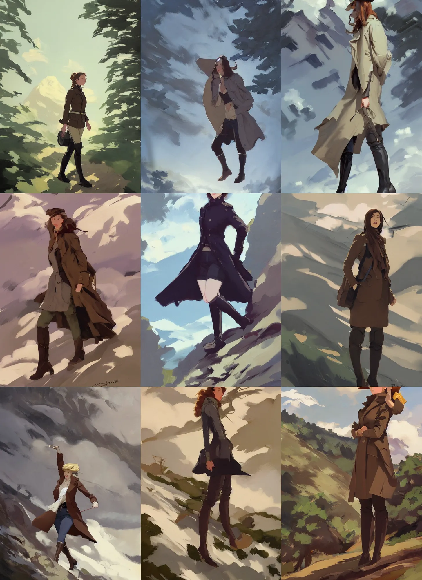 Prompt: cloth fabric jodhpurs knee high boots travel coat fashion, solo hiking in mountains trees, clouds, greg manchess painting by sargent and leyendecker, studio ghibli, fantasy, asymmetrical, intricate, elegant, matte painting, illustration, hearthstone, by greg rutkowski, by greg tocchini, by james gilleard, by joe fenton