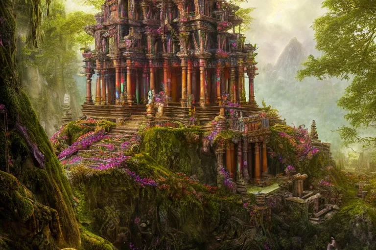 Prompt: a beautiful and highly detailed matte painting of a lost temple in a colorful garden mystical in a forest high in the mountains, psychedelic, celtic, intricate details, epic scale, insanely complex, 8 k, sharp focus, photorealism, artstation, cgsociety, by caspar friedrich, albert bierstadt, james gurney, brian froud,