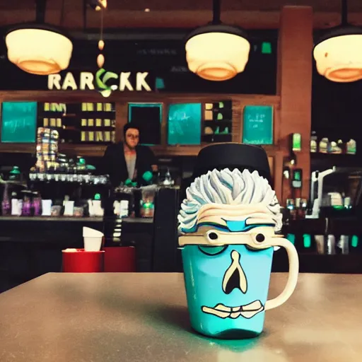 Image similar to Rick Sanchez at starbucks in the style of rick and morty