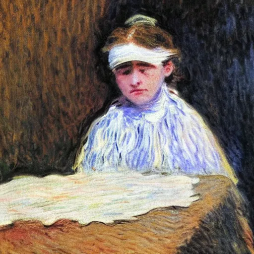 Image similar to a girl with a white headkerchief sitting alone on a birthday table looking sad by monet