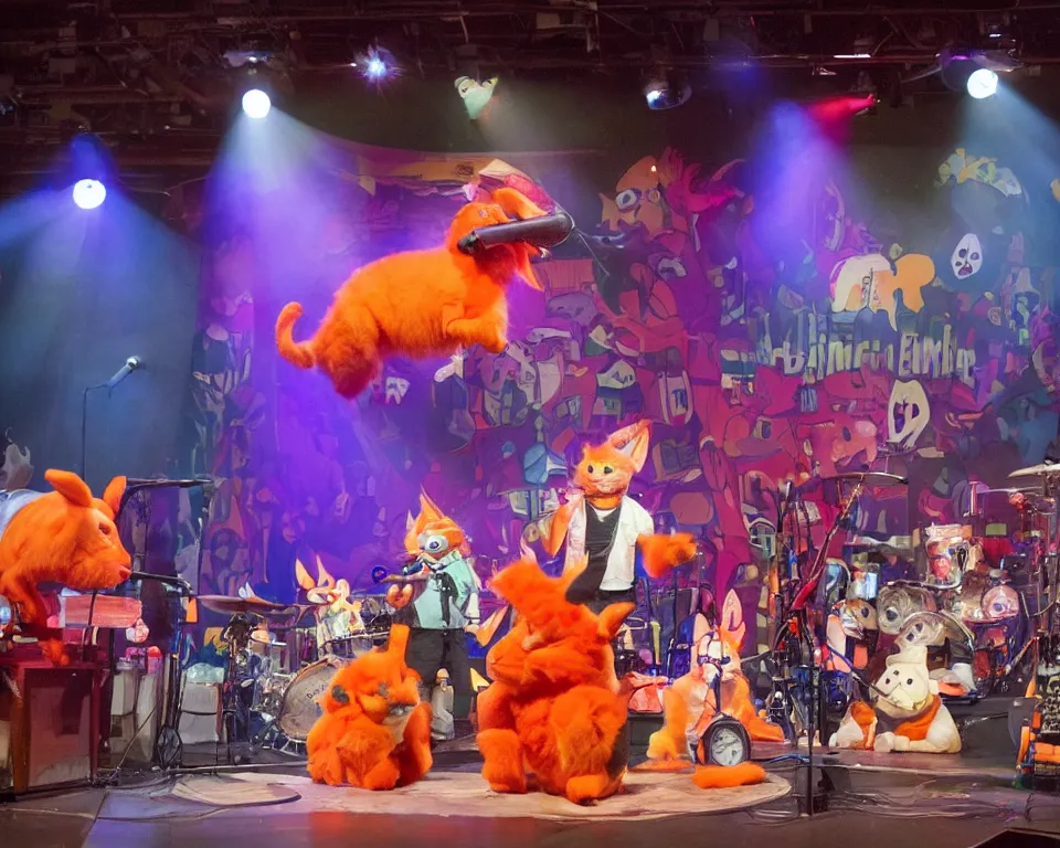 Image similar to an animatronic band composed of an orange rabbit, a red cat, and a blue sheep. the band is performing on stage at a family entertainment center. the center is brightly lit and there are families watching and enjoying the show.