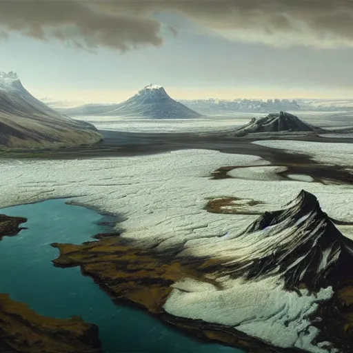 Prompt: a beautiful hyper realistic detailled matte painting of icelandic landscape with icy plains in the foreground and mountains in the background, barometric projection, by andreas rocha john howe, and albert bierstadt and alena, aerial view, view from above, unreal engine, trending on artstation, barometric projection, rectilinear, f 8