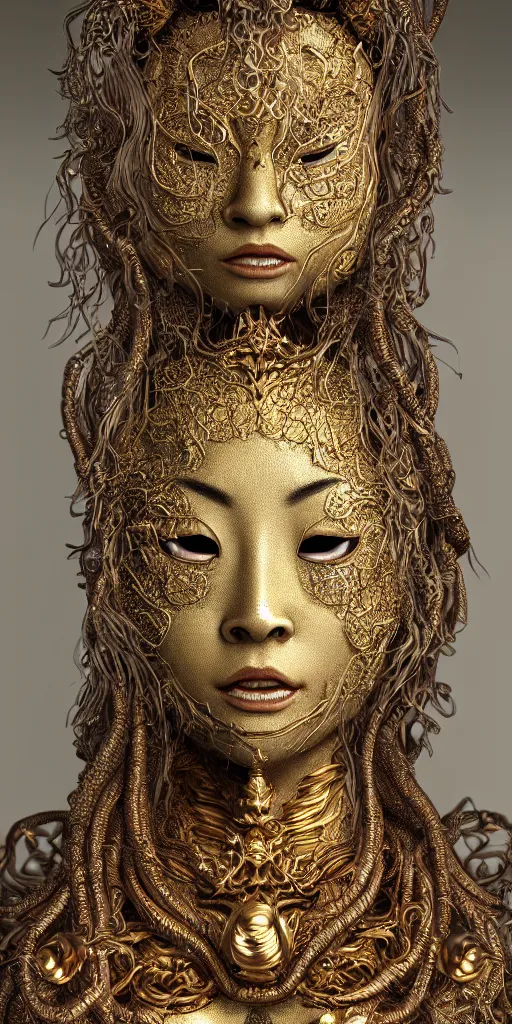 Image similar to hyperrealism, detailed textures, photorealistic japanese medusa queen, intricate, detailed facial animal mask, golden jewelery, japanese style, ultra realistic, cinematic, intricate, cinematic light, unreal engine 8 k