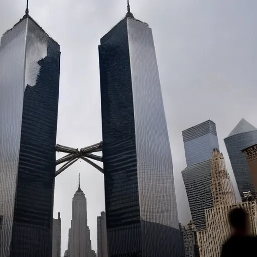 Image similar to exclusive photos of the twin towers falling, hyperrealism, no blur, 4k resolution, ultra detailed, style of CNN, The New York Times, Reuters