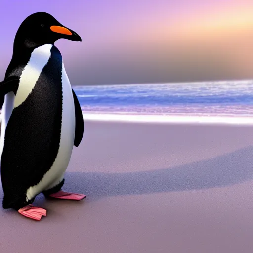 Image similar to realistic penguin at the beach during sunset. high details. 3 d render, octane render, wallpaper