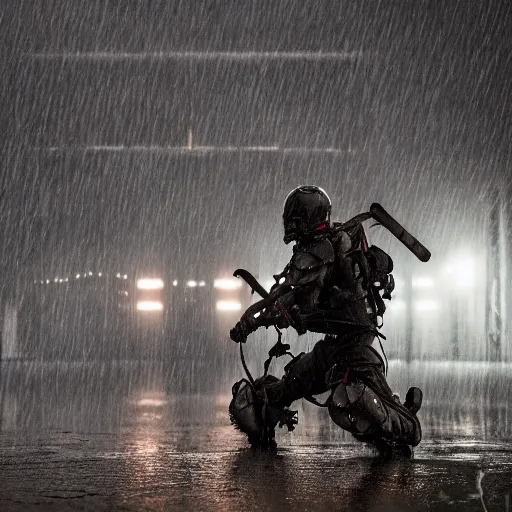 Image similar to 2 warriors in de exoskeletons battling each other in heavy rain, ground fog, moody lighting, 8 k, lightning, shallow depth of field, cinematic lighting,