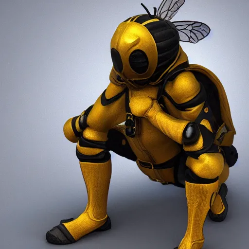 Prompt: a bee squatting in knee pads, extremely detailed, digital painting, sculpted in zbrush, artstation, concept art, smooth, sharp focus, illustration, chiaroscuro soft lighting, golden ratio, rule of thirds, fibonacci, lots of reflective surfaces, subsurface scattering