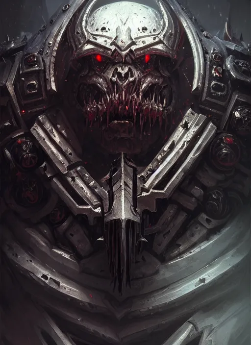 Prompt: portrait of a chaos space marine, evil, grim dark, gloomy, mist, warhammer 4 0 k, intricate, unholy, highly detailed, digital painting, artstation, concept art, smooth, sharp focus, illustration, art by wlop, mars ravelo and greg rutkowski