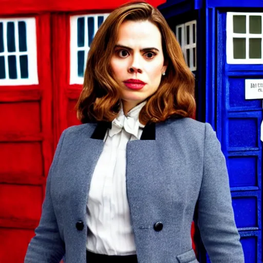 Prompt: a beautiful full body photograph of hayley atwell dressed as the doctor from doctor who standing in front of the tardis, symmetrical face, extreme realism and detail, 8 k, completely framed, direct lighting, 3 5 mm photo, photorealistic, sharp focus