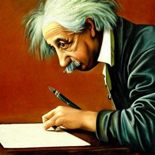 Prompt: A renaissance painting of Albert Einstein writing on a modern computer